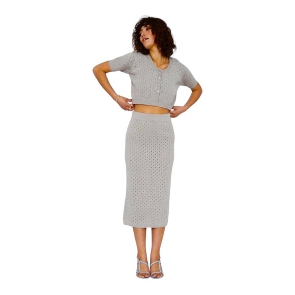 NEW Callahan Gray 2 Pc Set Cropped Knit Cardigan Sweater & Midi Skirt Cotton XS - Picture 9 of 10